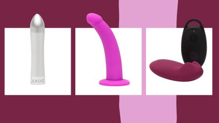 A selection of the best sex toys, including a Doxy bullet vibrator, dildo, and remote control hands-free sex toy