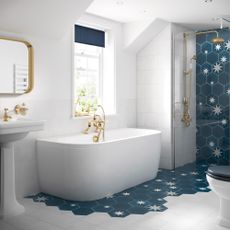 bathroom with white bathtub and tiles on wall