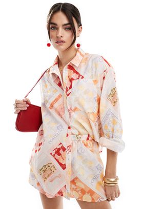 Miss Selfridge Linen Blend Oversized Shirt in Postcard Print Co Ord