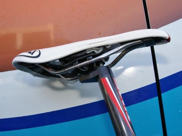 This Bouygues Telecom rider went with some makeshift padding between his seatpost head and saddle shell. We're guessing it's a scrap chunk of Michelin tire judging by the color.
