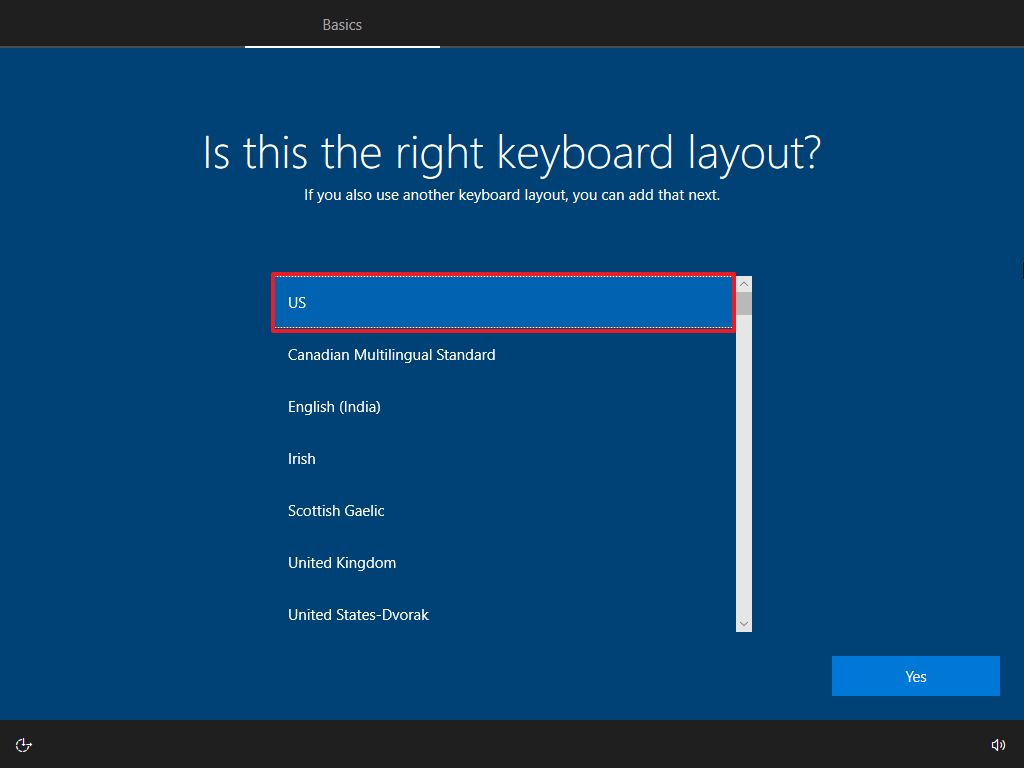 OOBE keyboard layout