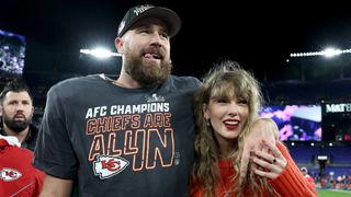 Travis Kelce #87 of the Kansas City Chiefs celebrates with Taylor Swift after a 17-10 victory against the Baltimore Ravens in the AFC Championship Game at M&T Bank Stadium on January 28, 2024 in Baltimore, Maryland.