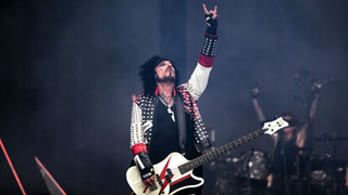Nikki Sixx of Mötley Crüe performs live for the "The World Tour" at Sheffield Bramall Lane on May 22, 2023 in Sheffield, England. 