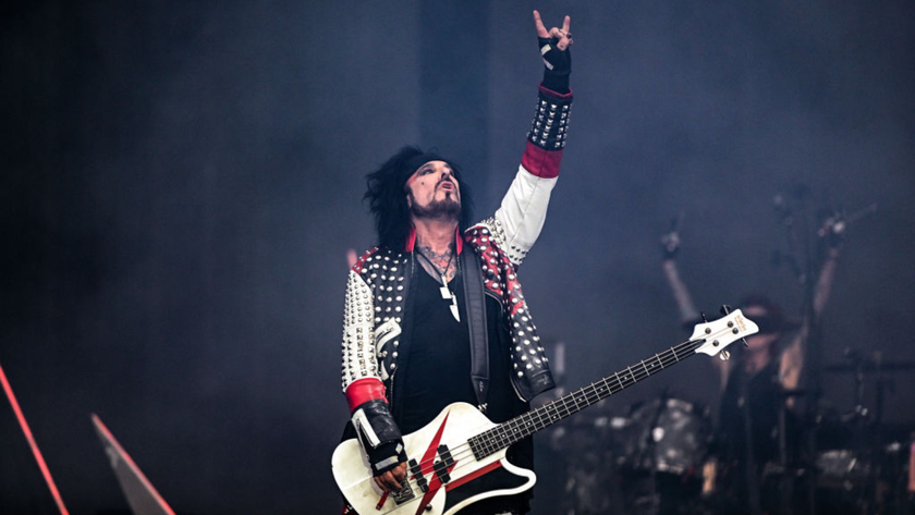 Nikki Sixx of Mötley Crüe performs live for the &quot;The World Tour&quot; at Sheffield Bramall Lane on May 22, 2023 in Sheffield, England. 