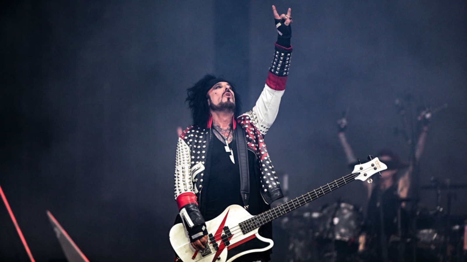 Nikki Sixx of Mötley Crüe performs live for the "The World Tour" at Sheffield Bramall Lane on May 22, 2023 in Sheffield, England.