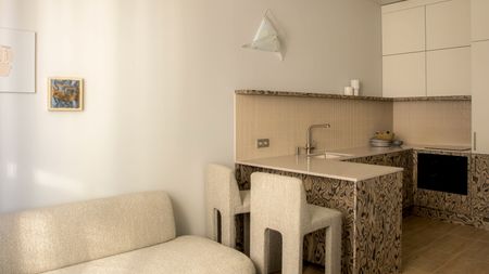 A living room cum kitchen with patterned wood veneer seen on different surfaces