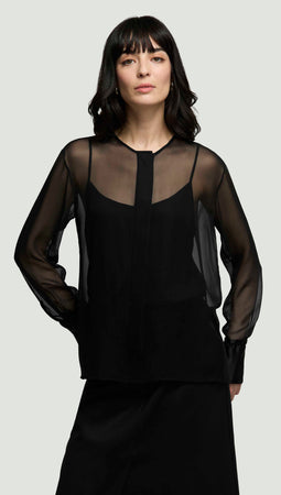 Collarless Blouse in Silk Chiffon | Black