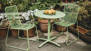Green outdoor setting with fruits on the table.