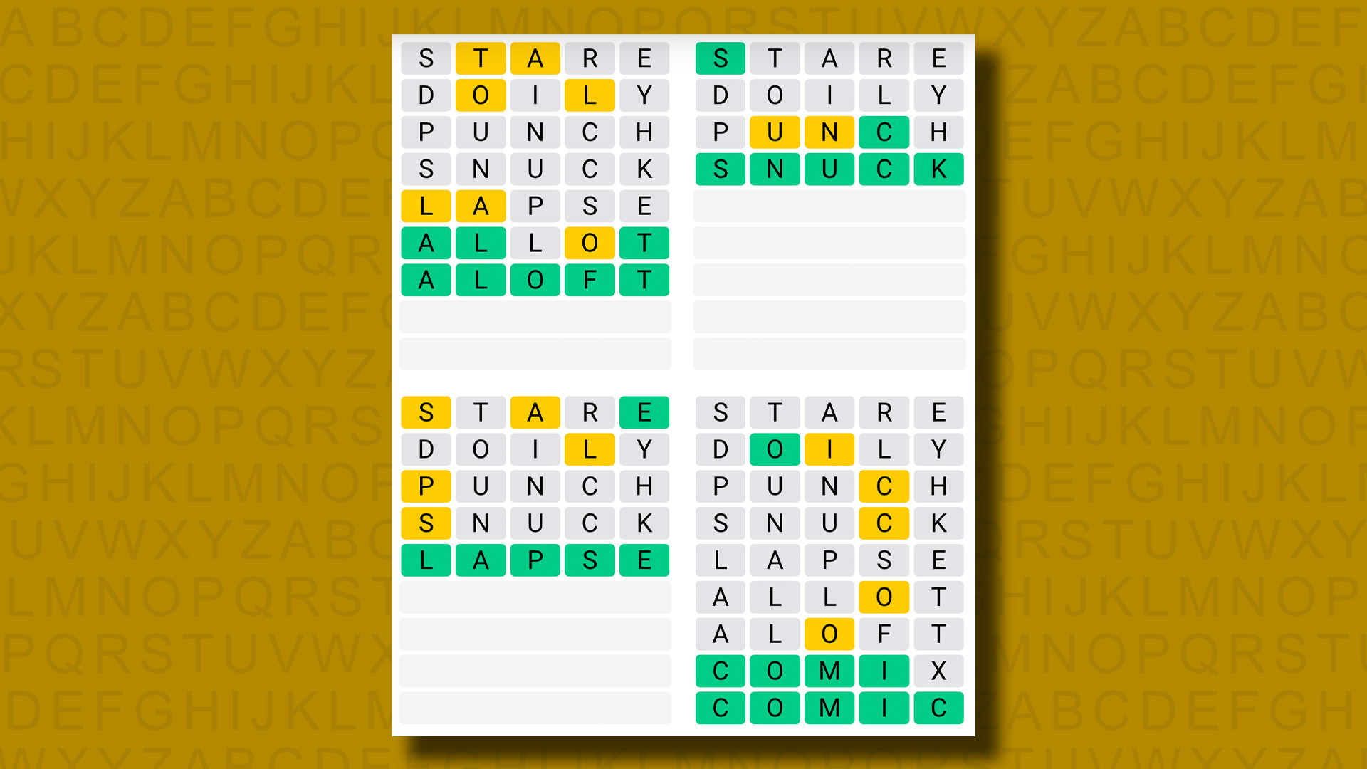 Quordle's answers for the game 940 on a yellow background