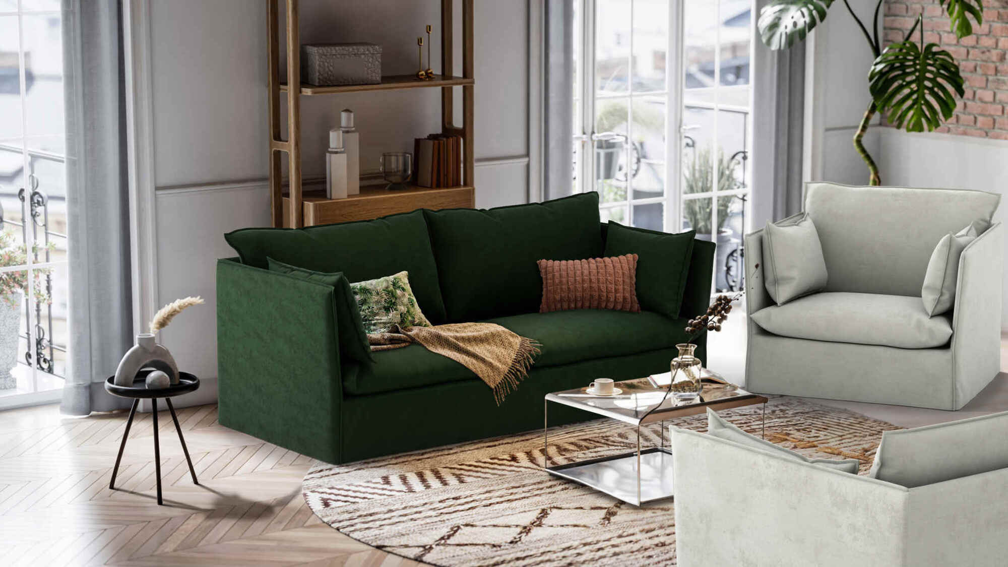 A living room with an IKEA sofa with a green slipcover
