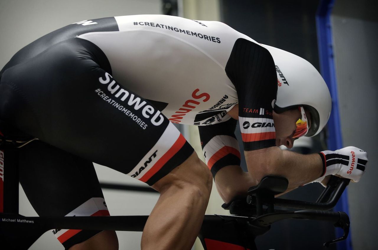 Michael Matthews tests out his special skinsuit at the Delft University of Technology wind tunnel