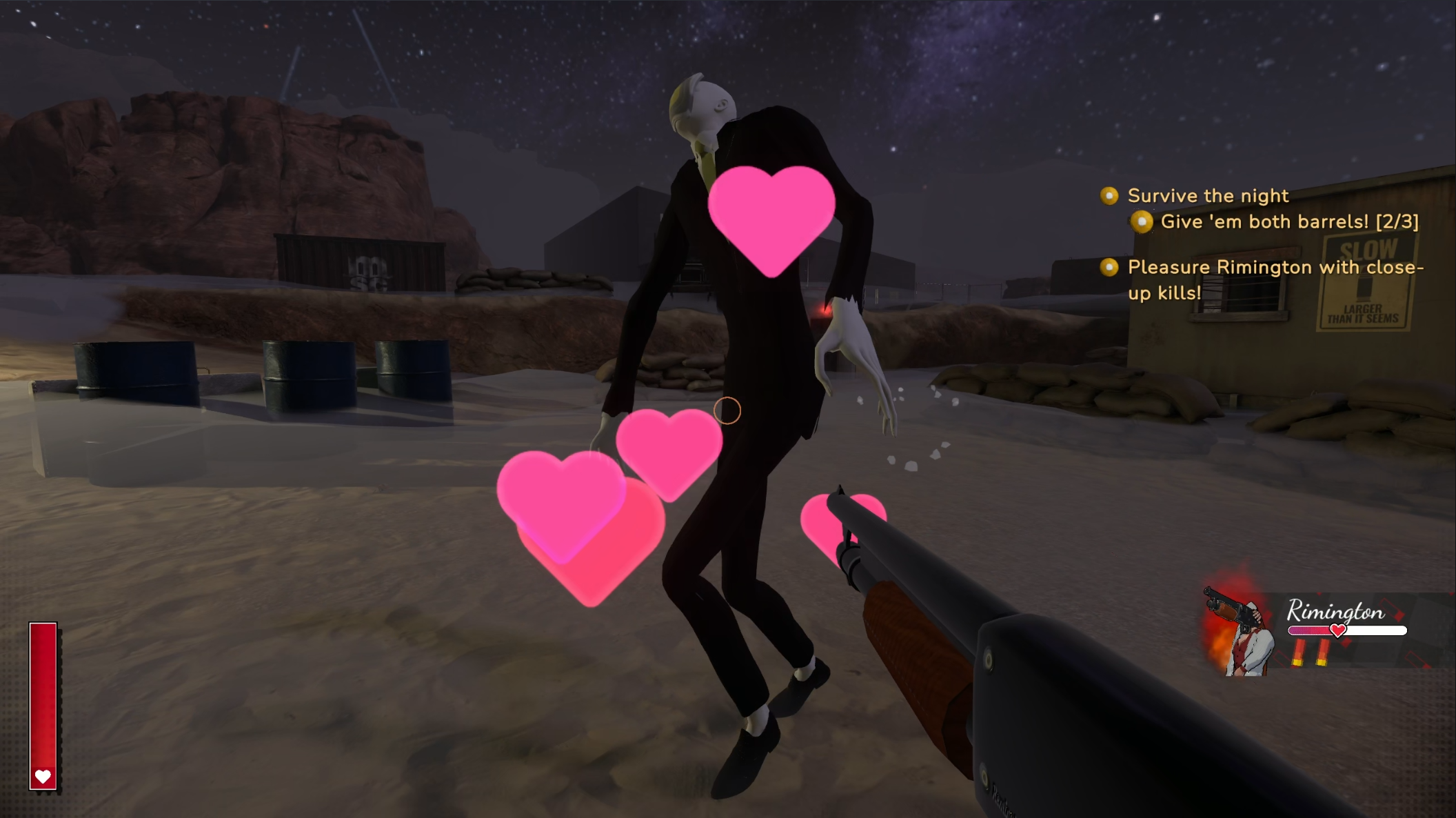 A monster being shot with a shotgun while cartoon hearts fly out of his body.