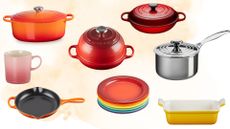 A range of Le Creuset's products on an orange background, spanning a Le Creuset Dutch oven, bread oven skillet, mug, plates, braiser, stainless steel pan, and tray