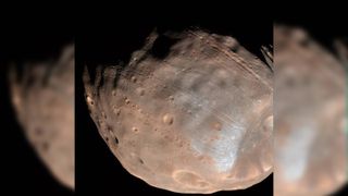 A detailed image of the surface striations on Phobos.