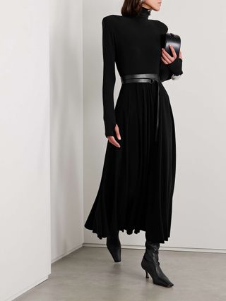 Belted Stretch-Jersey Turtleneck Midi Dress