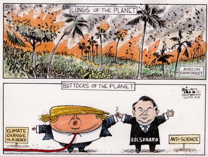 Political Cartoon U.S. Trump Bolsonaro Amazon forest fires