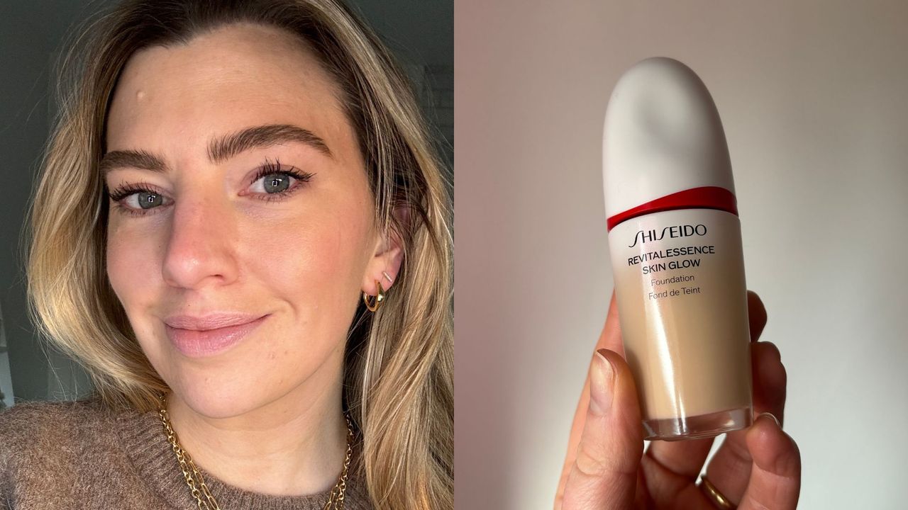 Laura wearing and holding a bottle of Shiseido Revitalessence Glow Foundation