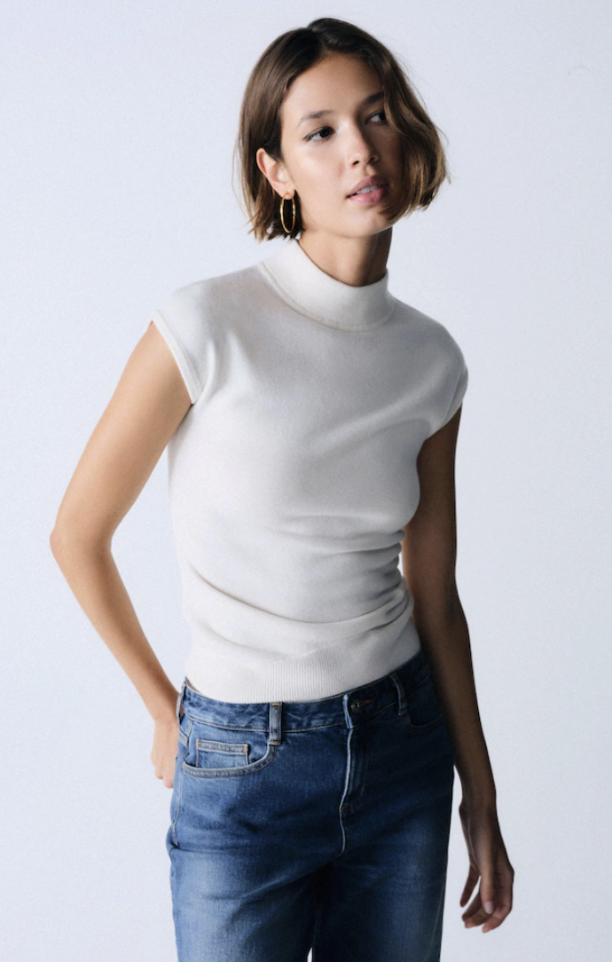 Set, Knit Cap Sleeve High Neck Top