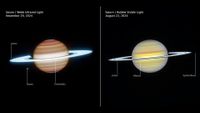 Two side-by-side images of Saturn showing the planet in different wavelengths. The one on the left makes the planet appear more orange with glowing blue rings while the image on the right makes it appear soft yellow with more silvery rings.