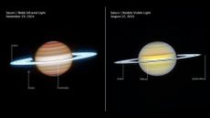 Two side-by-side images of Saturn showing the planet in different wavelengths. The one on the left makes the planet appear more orange with glowing blue rings while the image on the right makes it appear soft yellow with more silvery rings.