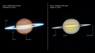 Two side-by-side images of Saturn showing the planet in different wavelengths. The one on the left makes the planet appear more orange with glowing blue rings while the image on the right makes it appear soft yellow with more silvery rings.