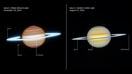Two side-by-side images of Saturn showing the planet in different wavelengths. The one on the left makes the planet appear more orange with glowing blue rings while the image on the right makes it appear soft yellow with more silvery rings.