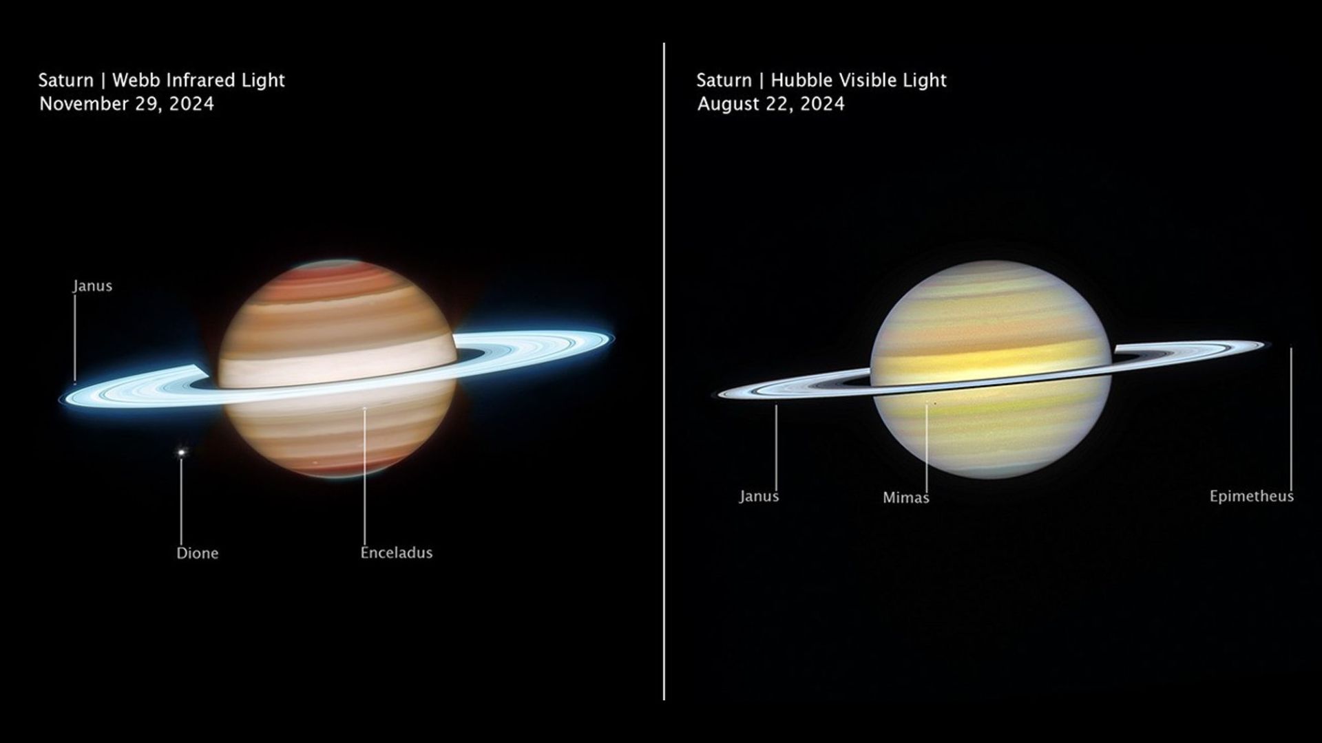 Two side-by-side images of Saturn showing the planet in different wavelengths. The one on the left makes the planet appear more orange with glowing blue rings while the image on the right makes it appear soft yellow with more silvery rings.