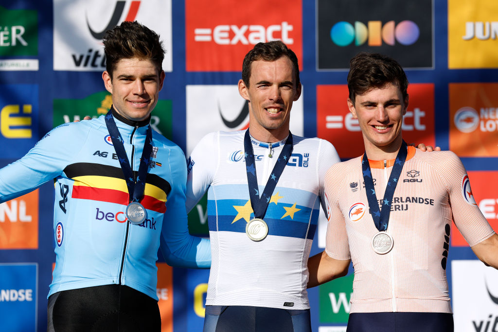 COL DU VAM NETHERLANDS SEPTEMBER 24 Silver medalist Wout Van Aert of Belgium gold medalist Christophe Laporte of France and bronze medalist Olav Kooij of Netherlands pose on the podium during the medal ceremony after the 29th UEC Road Cycling European Championships 2023 Elite Mens Road Race a 1998km one day race from Assen to Col du VAM UCIWT on September 24 2023 in Col du VAM Netherlands Photo by Bas CzerwinskiGetty Images