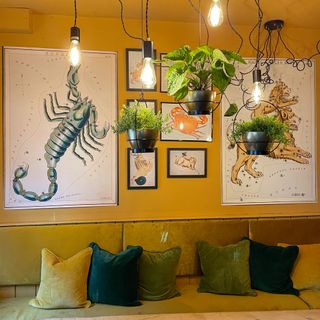 Mustard room with gallery wall art and hanging lights