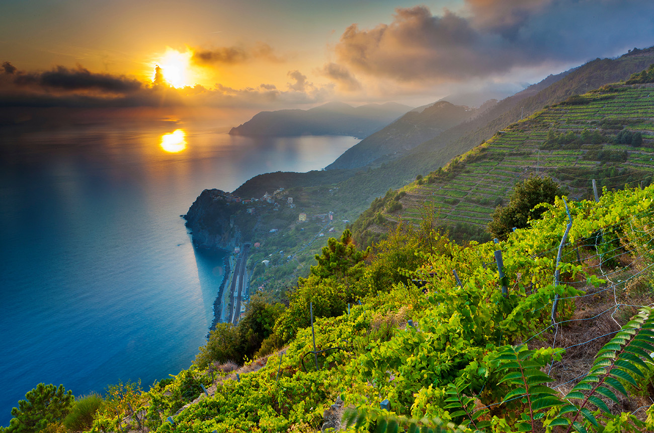 Sunset over Corniglia, Cinque Terre CBDD4C coastal italian wines