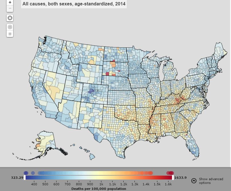 A map showing death rates from all causes in the United States in 2014.