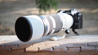 The OM System M.Zuiko 50-200mm f/2.8 IS Pro lens, mounted to the OM System OM-1 Mark II, in an outdoor setting 