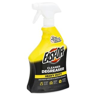 A 32-ounce black and yellow spray bottle of Easy-Off Heavy Duty Degreasing Cleaner.