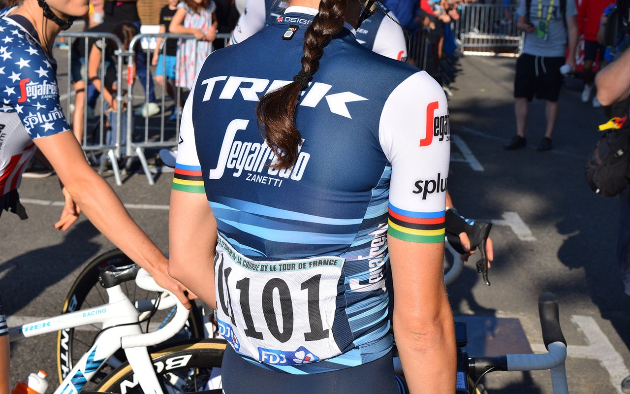 Trek-Segafredo's Lizzie Deignan wears rainbow bands on her sleeve cuffs as a former world champion