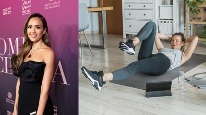 Jessica Alba next to woman doing Jessica Alba's workout from PT using yoga mat for core exercises