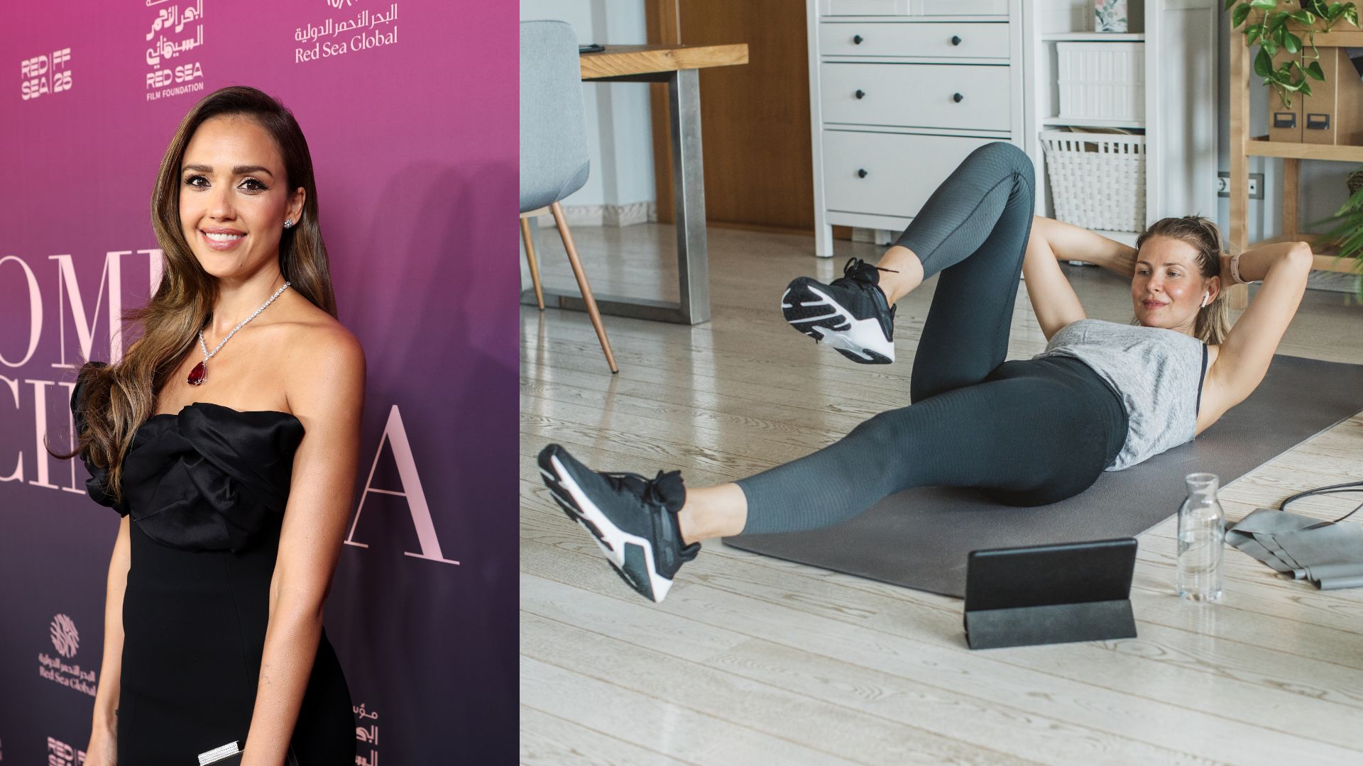 Jessica Alba next to woman doing Jessica Alba&#039;s workout from PT using yoga mat for core exercises