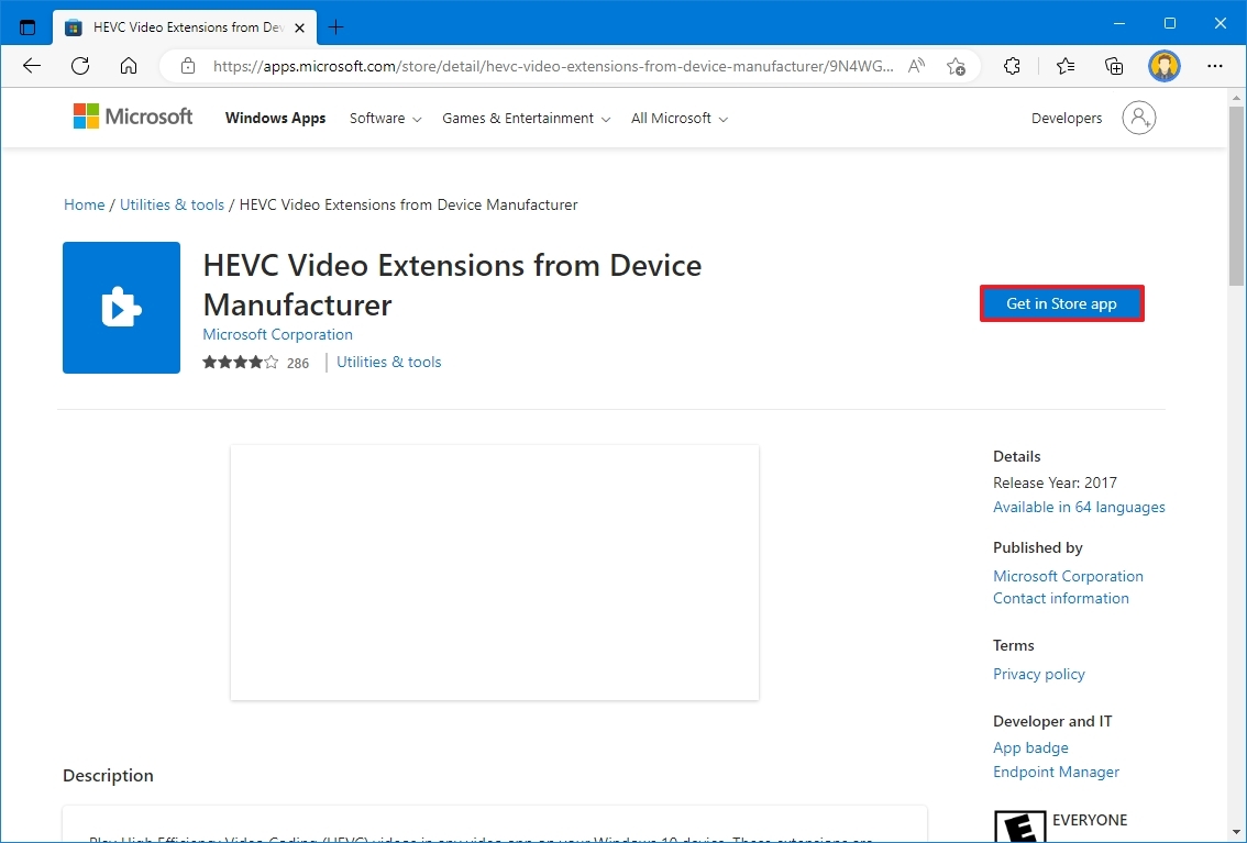 Загрузка кодека HEVC для Windows 10