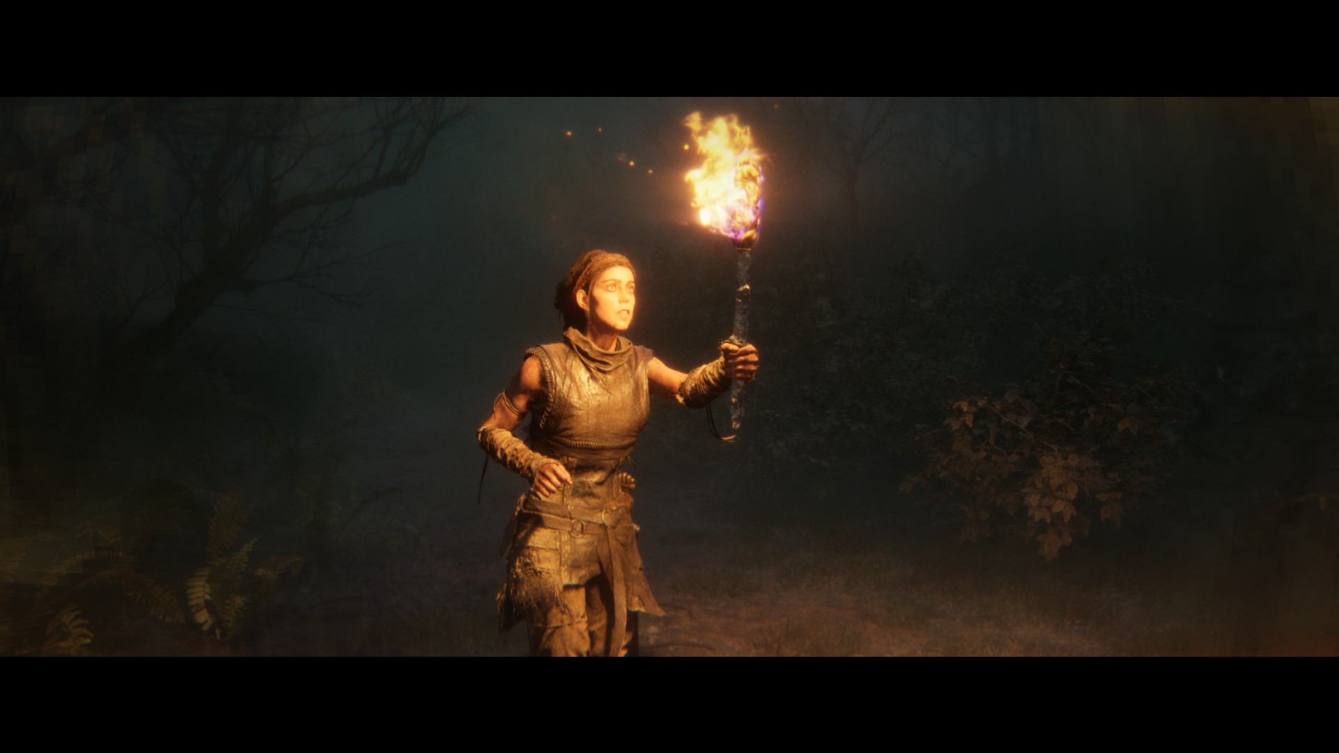 Senua carrying a torch on a dark night in Senua's Saga: Hellblade 2.