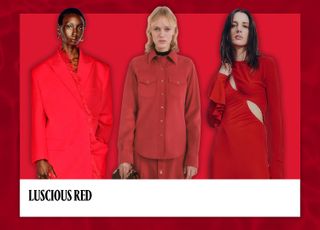 luscious red on a title card next to models wearing red clothing