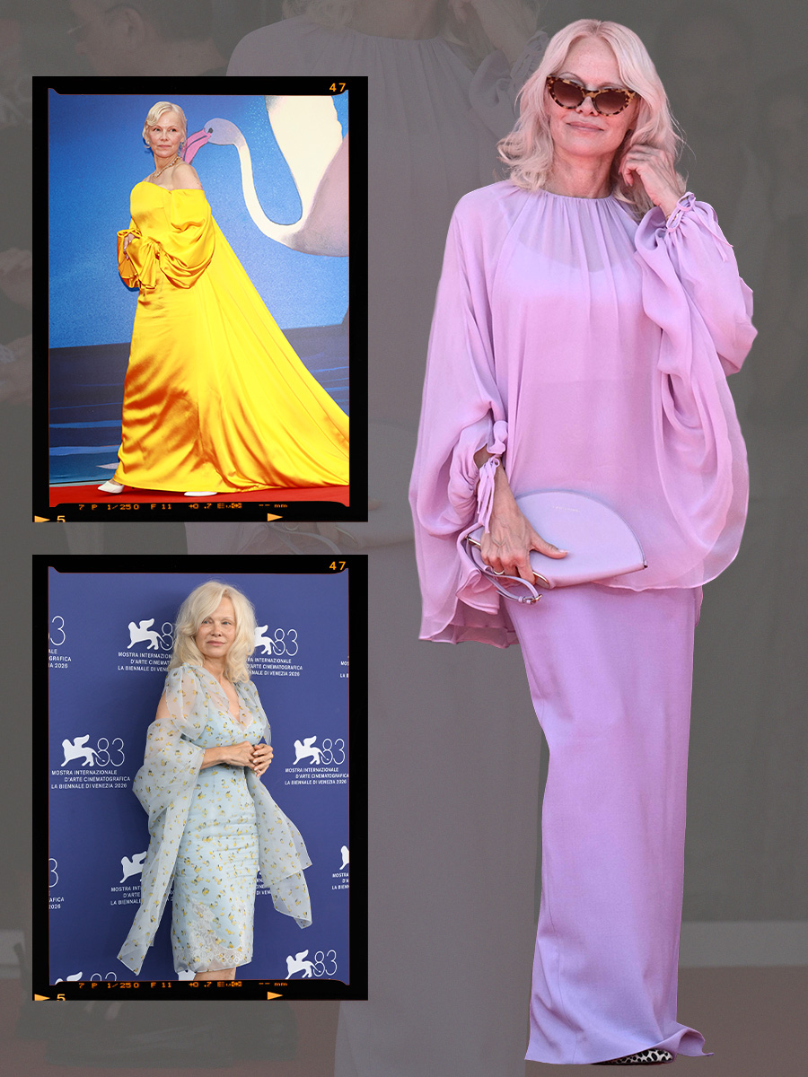 A collage of photos of Pamela Anderson from red carpets and events in September 2026.