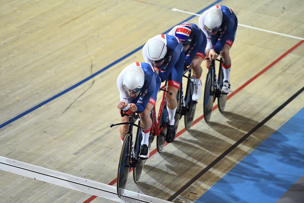Great Britain's team members compete in the men's Team Pursuit final during the UCI Track Cycling World Championships in Apeldoorn