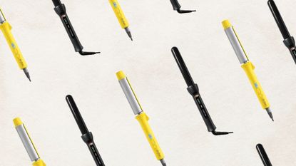 Collage of multiple images of two of the best hair curlers from Drybar and Cloud Nine, set at a 45 degree angle against an off-white background
