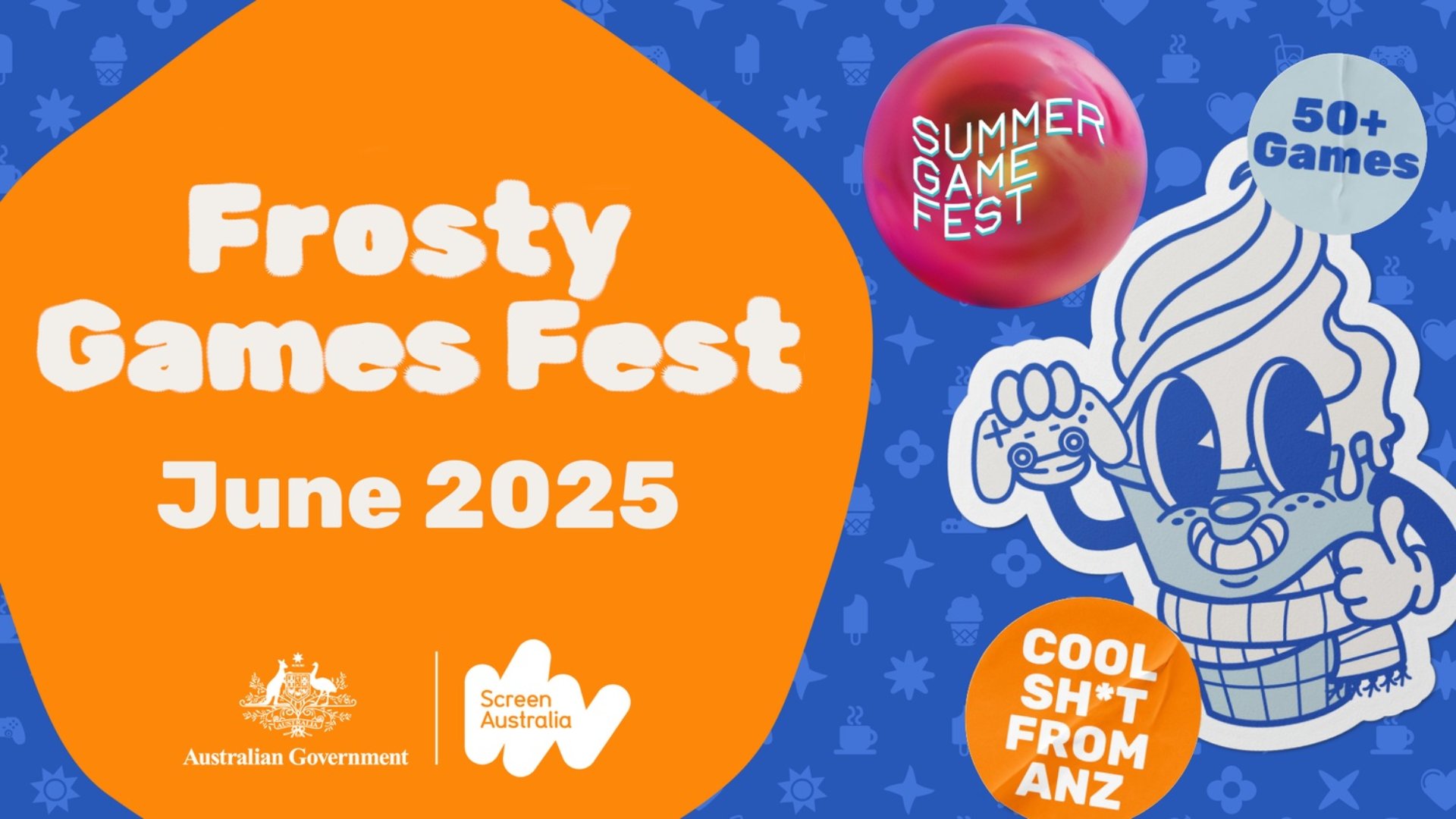 Frost Game Fest June 2025 banner showing a character shaped liked an ice-cream cone holding a game controller