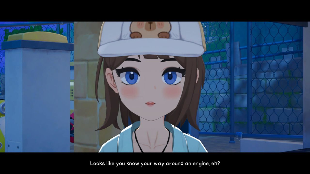 The protagonist meeting an NPC who remarks that they know their way around an engine in life sim RPG, Starsand Island