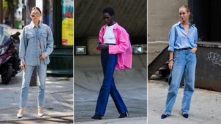 Three women in jeans and shirts showing how to style straight leg jeans with a shirt