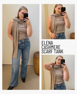 Woman wears beige scarf knit top