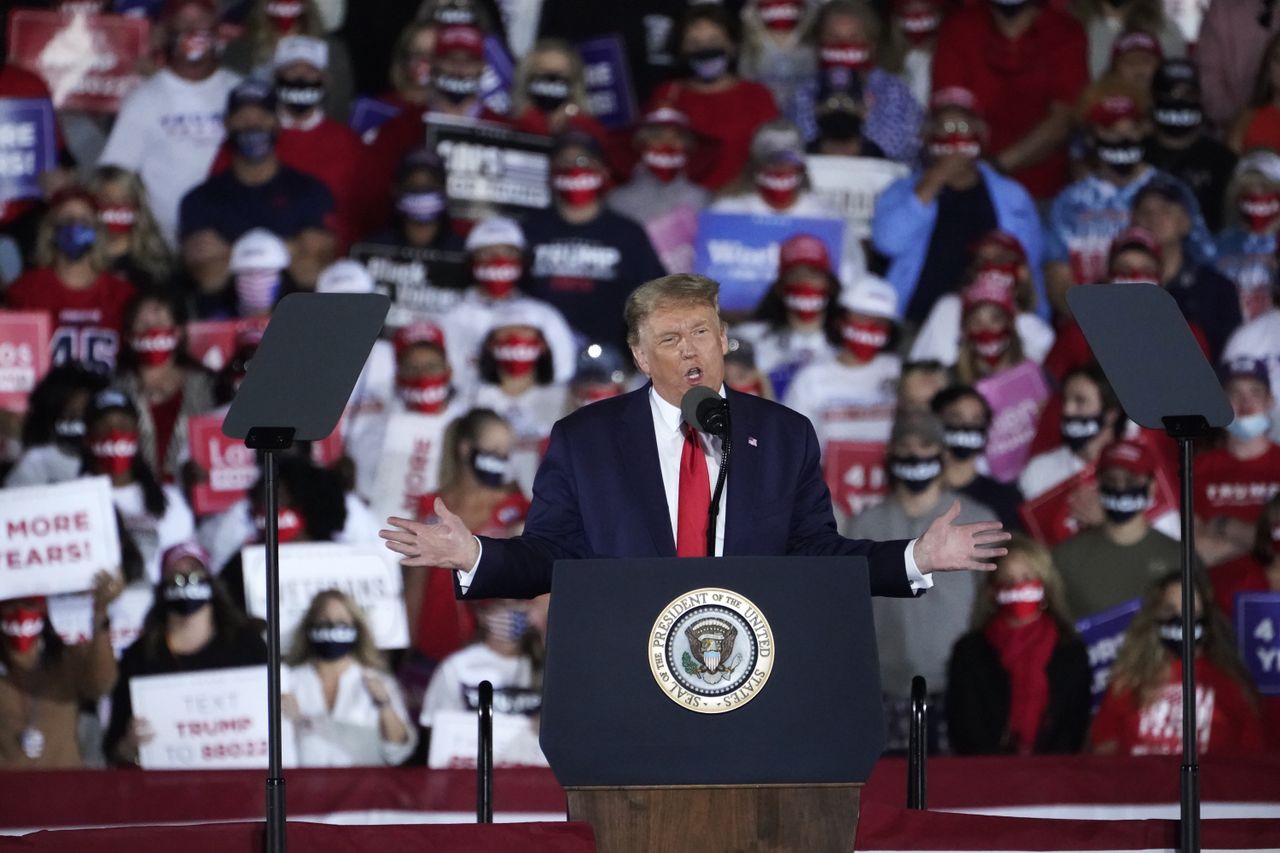 President Donald Trump speaks during a campaign rally at Middle Georgia Regional Airport, Friday, Oct. 16, 2020, in Macon, Ga.