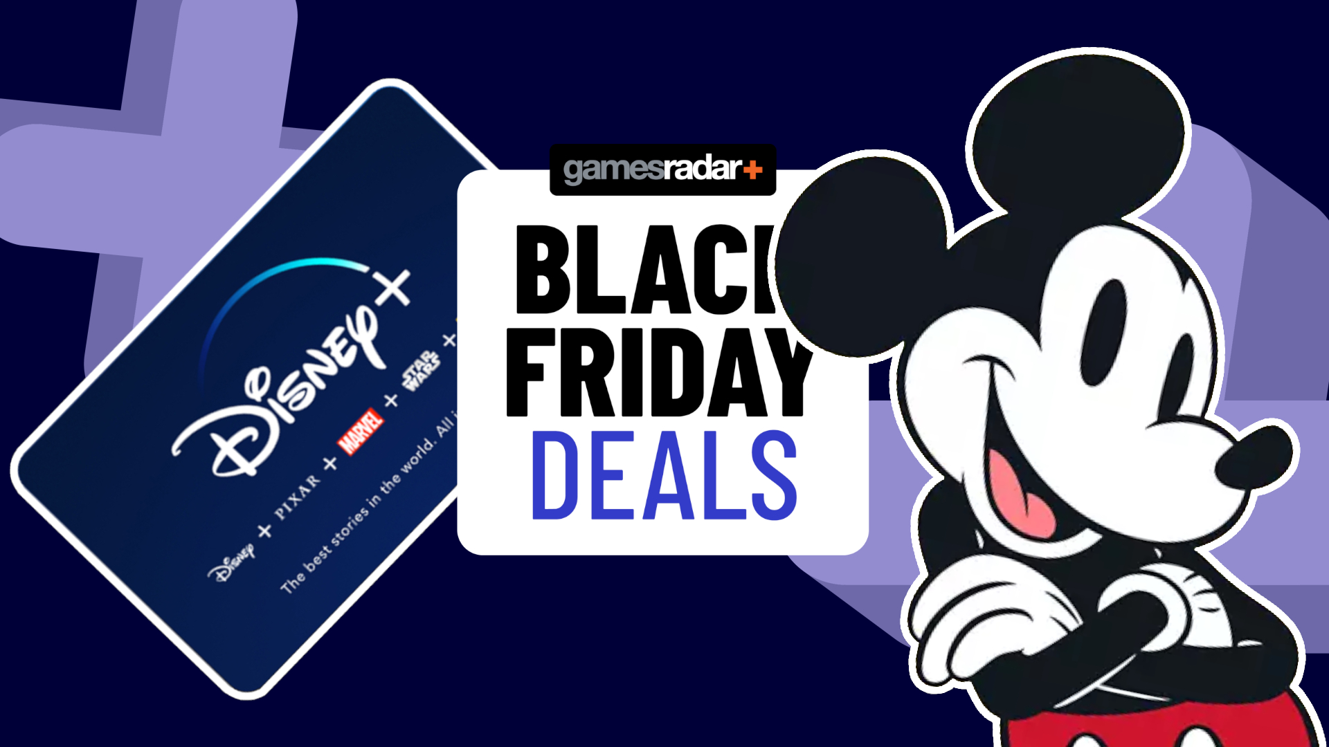 A Disney Plus card and Mickey mouse on either side of a GamesRadar+ Black Friday deals badge, all on a blue background