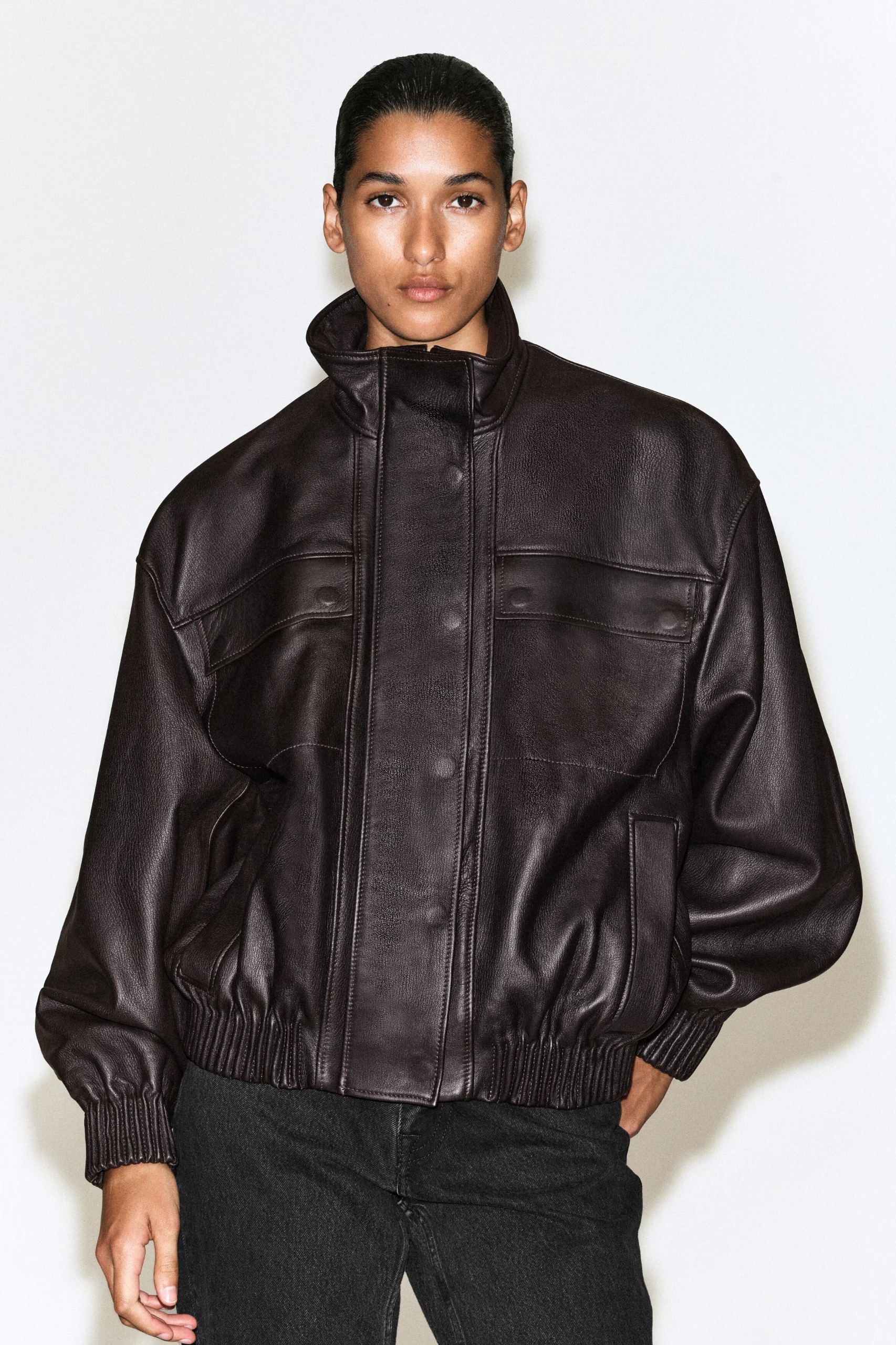 cos, LEATHER MOCK-NECK BOMBER JACKET