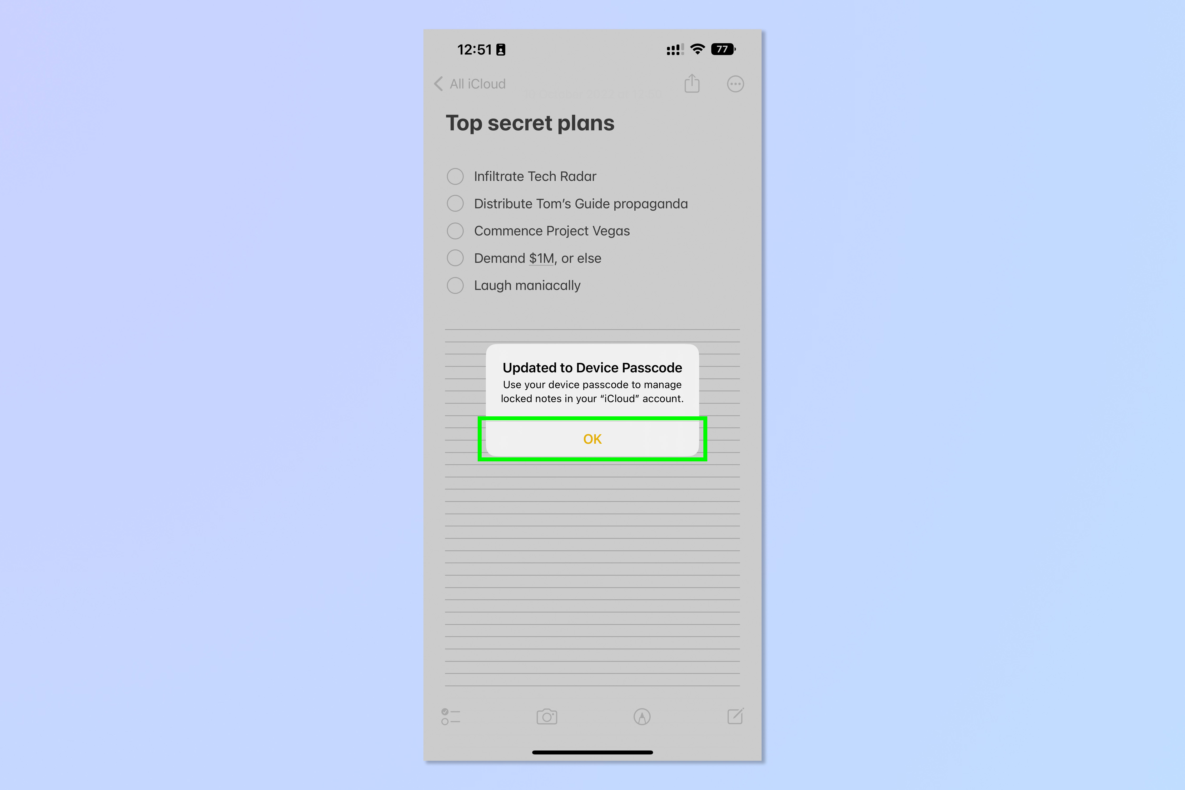 Скриншот, показывающий, как заблокировать заметки с помощью Face ID на iPhone.
